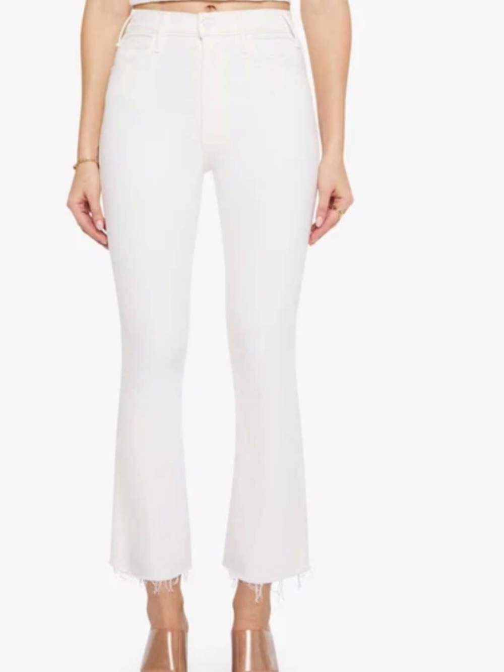 MOTHER the hustler ankle fray White High-Rise Frayed-Hem Flare Jeans